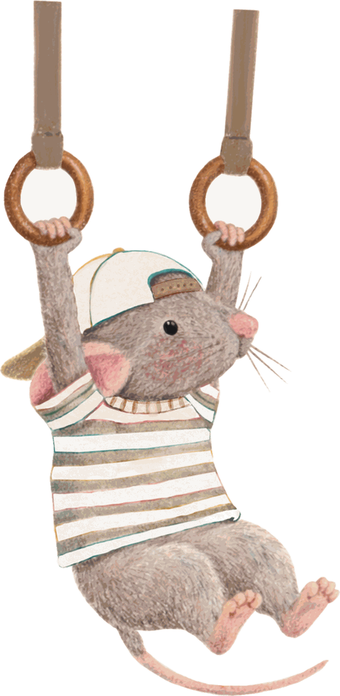 Illustratie van de PeutR-muis die aan twee gymringen hangt